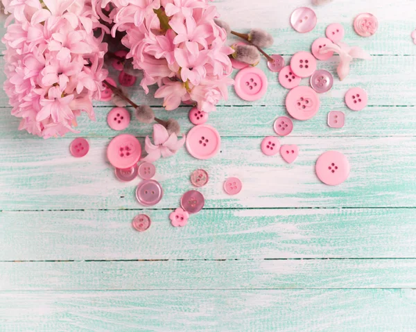 Hyacinths and willow flowers and pink buttons — Stockfoto