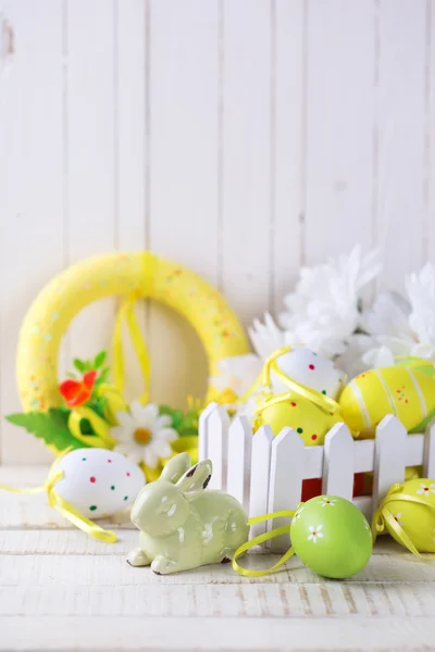 Colorful Easter eggs and rabbit — Stock Photo, Image