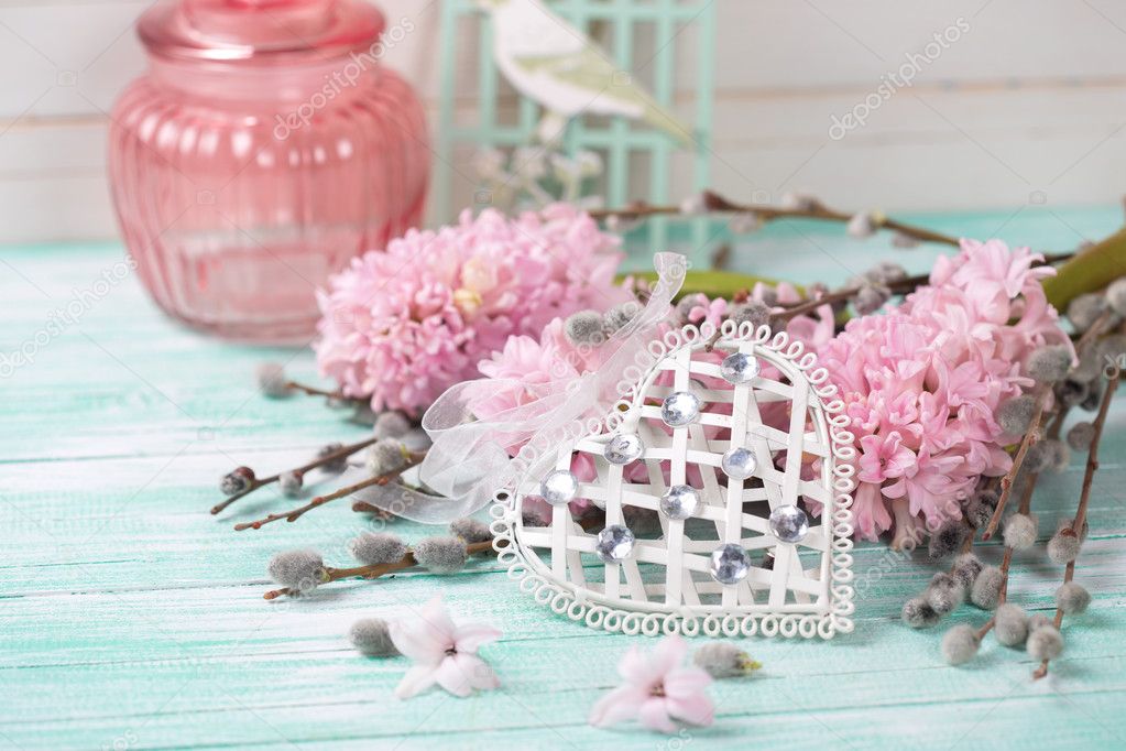 Background  with hyacinths,  willow flowers