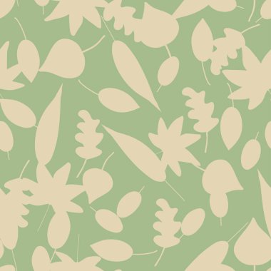 Sonbahar, siluet desenini yeşil ve beyaz olarak bırakıyor. Tekstil, moda, kağıt, ambalaj ve markalaşma için vektörsüz desen tasarımı.