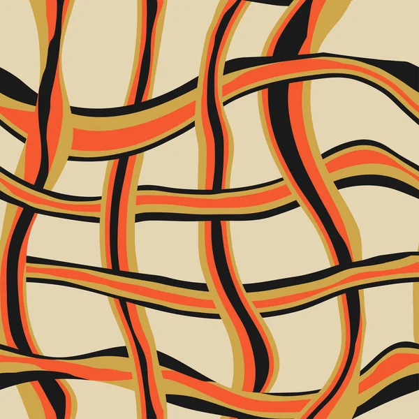 オレンジ 黒の絡み合った波線の抽象的なメッシュ ファッション 包装およびブランディングのためのベクトルシームレスパターンデザイン — ストックベクタ