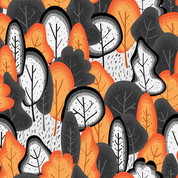 Симпатичный Осенний Лес Черно Белом Оранжевом Узорах Векторные Бесшовные Узоры — стоковый вектор