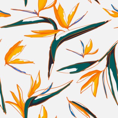 Egzotik sarı cennet kuşu çiçek deseni boyadı. Tekstil, moda, kağıt, ambalaj ve markalaşma için vektörsüz desen tasarımı.