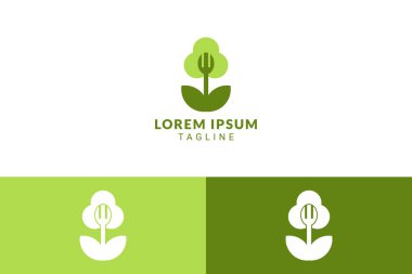 Sağlıklı yiyecekler için çatal logo şablonu olarak büyüyen yeşil çiçek. Restoran, salata barı, vejetaryen yemeği, beslenme, yeşil pazar ve bistro olarak markalaştırma şirketleri için vektör logosu