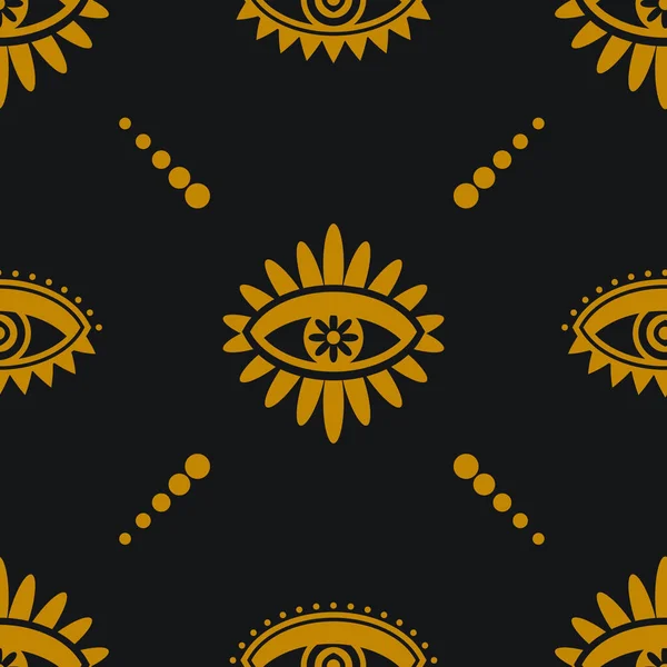 Golden Mystical Eye Gypsy Inspired Repeat Pattern Vector Seamless Pattern — Stock Vector