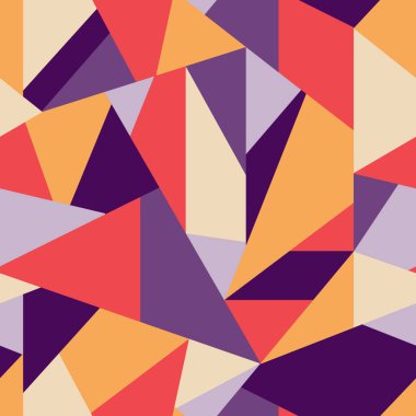 Renkli geometrik çokgen şekiller mor sarı ve beyaz geçmişe dönük desenler. Tekstil, moda, kağıt, ambalaj, ambalaj ve markalaşma için vektörsüz desen tasarımı