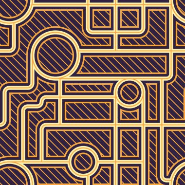 Geometrik soyut atari salonu çizgili, altın renkli ve lacivert desenli. Tekstil, moda, kağıt, ambalaj, ambalaj ve markalaşma için vektörsüz desen tasarımı