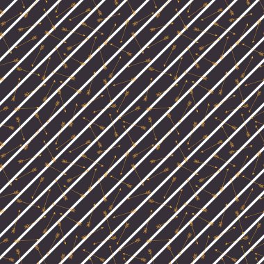 Beyaz ve lacivert köşegen çizgiler ve altın ok çizimleri. Tekstil, moda, kağıt, ambalaj, ambalaj ve markalaşma için vektörsüz desen tasarımı