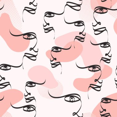Dişi yüz, pembe renkli çizimlerden oluşan soyut bir çizgi. Tekstil, moda, kağıt, ambalaj, ambalaj ve markalaşma için vektörsüz desen tasarımı