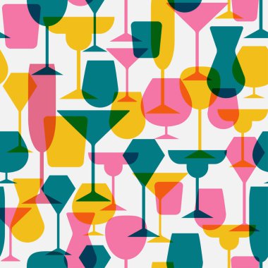 Üst üste binen renkli kokteyl gözlüğü desenleri pembe mavi ve sarı. Tekstil, moda, kağıt, ambalaj, ambalaj ve markalaşma için vektörsüz desen tasarımı