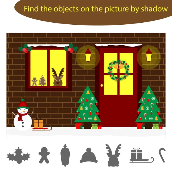 Najít objekty ve stínu, hra pro děti vánoční dveře v kresleném stylu, vzdělávací hra pro děti, předškolní pracovní list činnosti, úkol pro rozvoj logického myšlení, vektorové ilustrace — Stockový vektor
