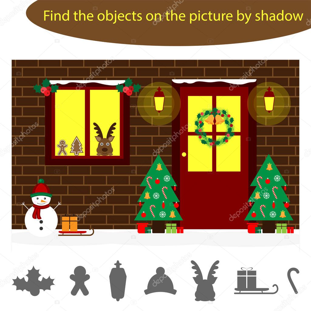 Find the objects by shadow, game for children christmas door in cartoon style, education game for kids, preschool worksheet activity, task for the development of logical thinking, vector illustration