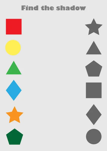 Finden Sie das Schattenspiel mit Bildern geometrische Formen für Kinder, einfache Ebene, Bildungsspiel für Kinder, Vorschularbeit, Aufgabe für die Entwicklung des logischen Denkens, Vektorillustration — Stockvektor