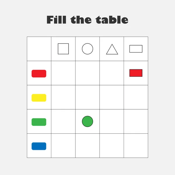 Wypełnij stół kolorowymi geometrycznymi kształtami dla dzieci, zabawna gra edukacyjna dla dzieci, przedszkolna aktywność arkusza, zadanie rozwoju logicznego myślenia, ilustracja wektorowa — Wektor stockowy