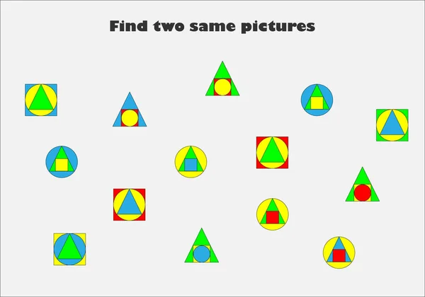 Çocuklar için renkli geometrik şekilli iki benzer resim, eğlenceli eğitim oyunu, çocuklar için anaokulu çalışma tablosu aktivitesi, mantıksal düşüncenin geliştirilmesi görevi, vektör çizimi — Stok Vektör