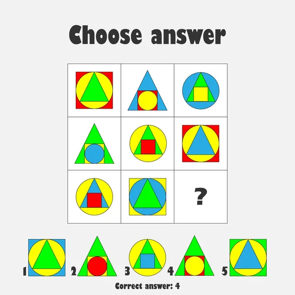 Kies het juiste antwoord, IQ-test met kleurrijke geometrische vormen voor kinderen, leuke educatieve spel voor kinderen, kleuterschool werkblad activiteit, taak voor de ontwikkeling van logisch denken, vector illustratie — Stockvector