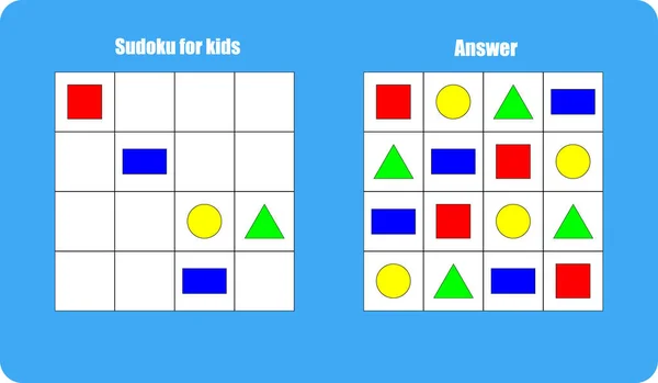 Sudoku spel met foto 's geometrische vormen voor kinderen, gemakkelijk niveau, onderwijs spel voor kinderen, kleuterschool werkblad activiteit, taak voor de ontwikkeling van logisch denken, vector illustratie — Stockvector