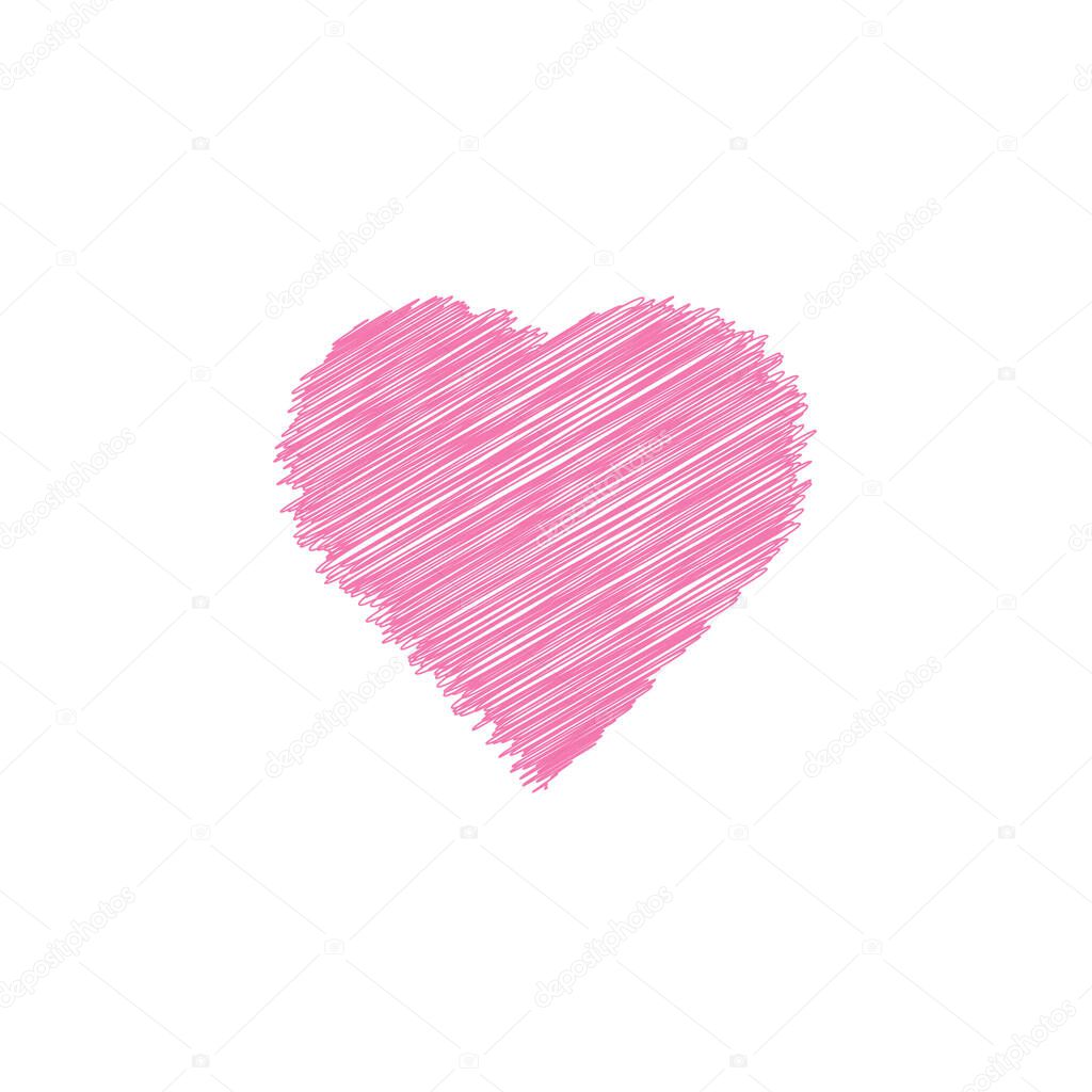 Valentine day hand drawn scribbled pink heart on white background, line art drawing icon, doodle art design, monochrome ink effect, vector