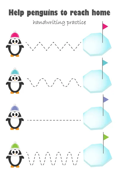 Pinguin Cartoon Stil Handschrift Praxisblatt Kinder Vorschulalter Aktivität Pädagogisches Kinderspiel — Stockvektor