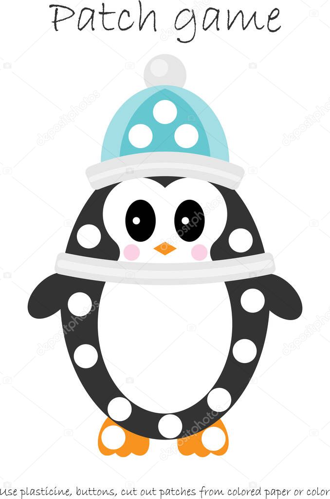 Education Patch game penguin for children to develop motor skills, use plasticine patches, buttons, colored paper or color the page, kids preschool activity, printable worksheet, vector