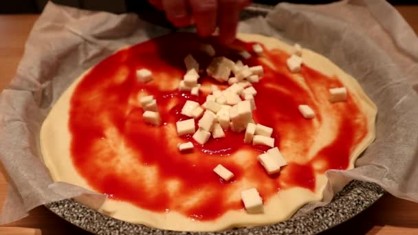 Διαδικασία Της Ιταλικής Πίτσας Προσθέτοντας Κύβους Μοτσαρέλα Μια Ζύμη Πίτσας — Αρχείο Βίντεο