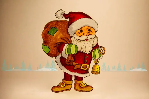 Święty Mikołaj Niesie Torbę Prezentami Podczas Świąt Bożego Narodzenia — Zdjęcie stockowe