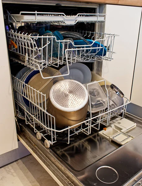 Open Modern Dishwasher Cleaning Process — Stock Photo, Image