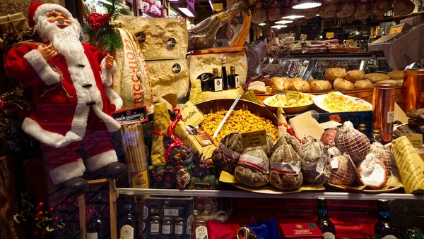 Okno Obchodu Tradičními Potravinami Centru Boloně Itálie Lahůdky Vánoční Obchod — Stock fotografie