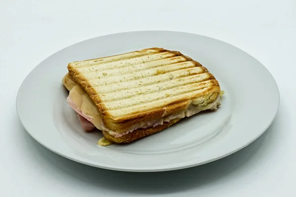 Toast Bread Sandwich Ham Melted Tilsiter Cheese White Dish Isolated — Stock Photo, Image