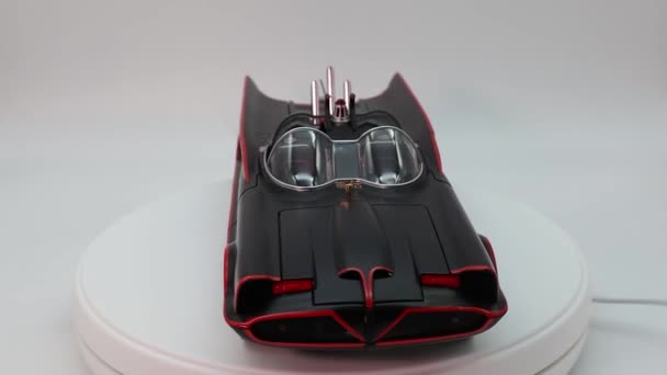 Batmobile Diecast Rotating Display Isolated White Background Replica 1966 Batman — Stock Video