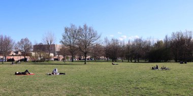 İnsanlar covid-19 salgını sırasında parkta rahatlarken sosyal mesafeyi koruyorlar. 