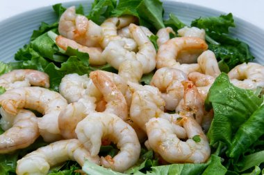 Beyaz tabakta marullu taze karides salatası. Yakın plan.