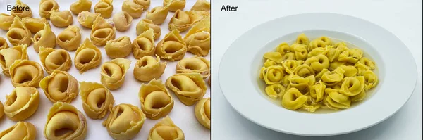 Proceso Cocción Tradicional Italiano Tortellini Caldo Antes Después — Foto de Stock