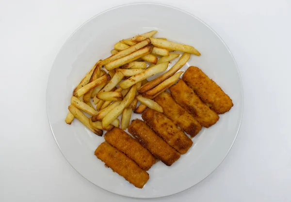 Fried Fish Sticks French Fries White Dish Top View — Stockfoto