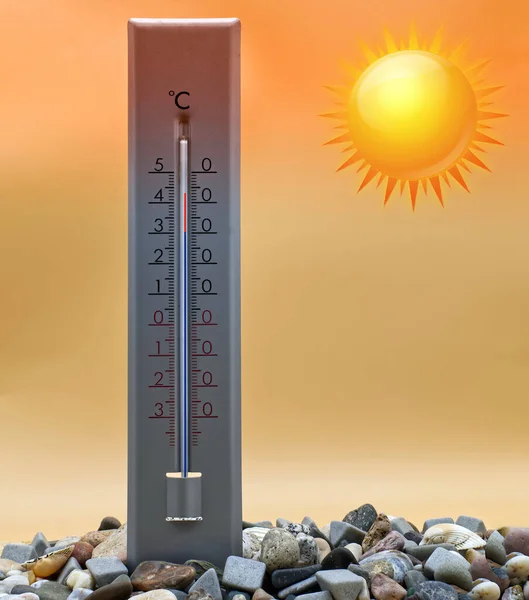 Temperature of 43 degrees Celsius measured on a weather thermometer. Global warming concept