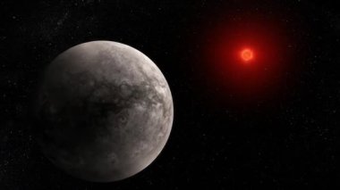 Kırmızı bir yıldızın yörüngesinde dönen bir gezegeni gösteren animasyon. Evren bilimi astronomisi.