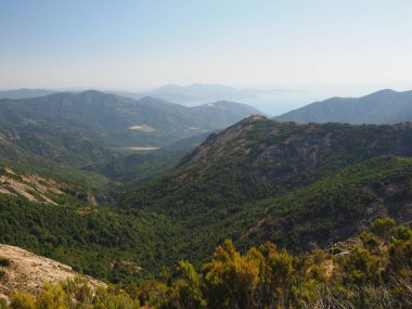 Korsika 'nın mavi gökyüzünün altındaki dağlardaki tepe ve ormanların manzarası.