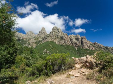 Korsika 'daki Alta Rocca dağlarındaki Aiguilles de Bavella' nın alçak açılı görüntüsü.