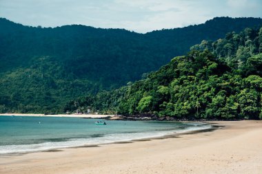 Malezya 'daki körfezin turkuaz suyunda küçük bir tekne.