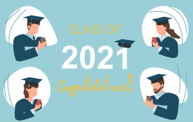 2021 sınıfı sanal mezuniyet törenlerine hazırlanın. Dijital olarak mezun ol. Tebrikler, mezuniyet. Akademik şapkalı öğrenciler. Mezuniyet metnini ve görüntüleri yeniden yüklemek için cep telefonu kullanıyor. Düz vektör.