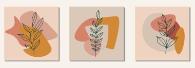 Soyut el boyası Moda seti. Botanik dalı ve yapraklar. Yaratıcı minimalist sanatsal kompozisyon. Duvar dekorasyonu, kartpostal, broşür tasarımı, sanat galerisi ve iç mekan için kapak tasarımı vektörü. Boho rengi.