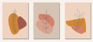 Moda boho renklerinde posterler. El çizimi soyut elementler çiçekler ve yapraklar. Çağdaş sanat posterleri koleksiyonu. Minimalizm tarzı. Sosyal medya, kartpostallar, yazıcılar için moda tasarımı. 