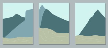 Soyut Dağ Duvarı sanat vektörü seti. Manzaralar arka plan poster koleksiyonu. Baskı, kapak, duvar kağıdı için doğa sanat tasarımı. Asgari ve doğal stil. Vektör çizimi. Moda renkleri.