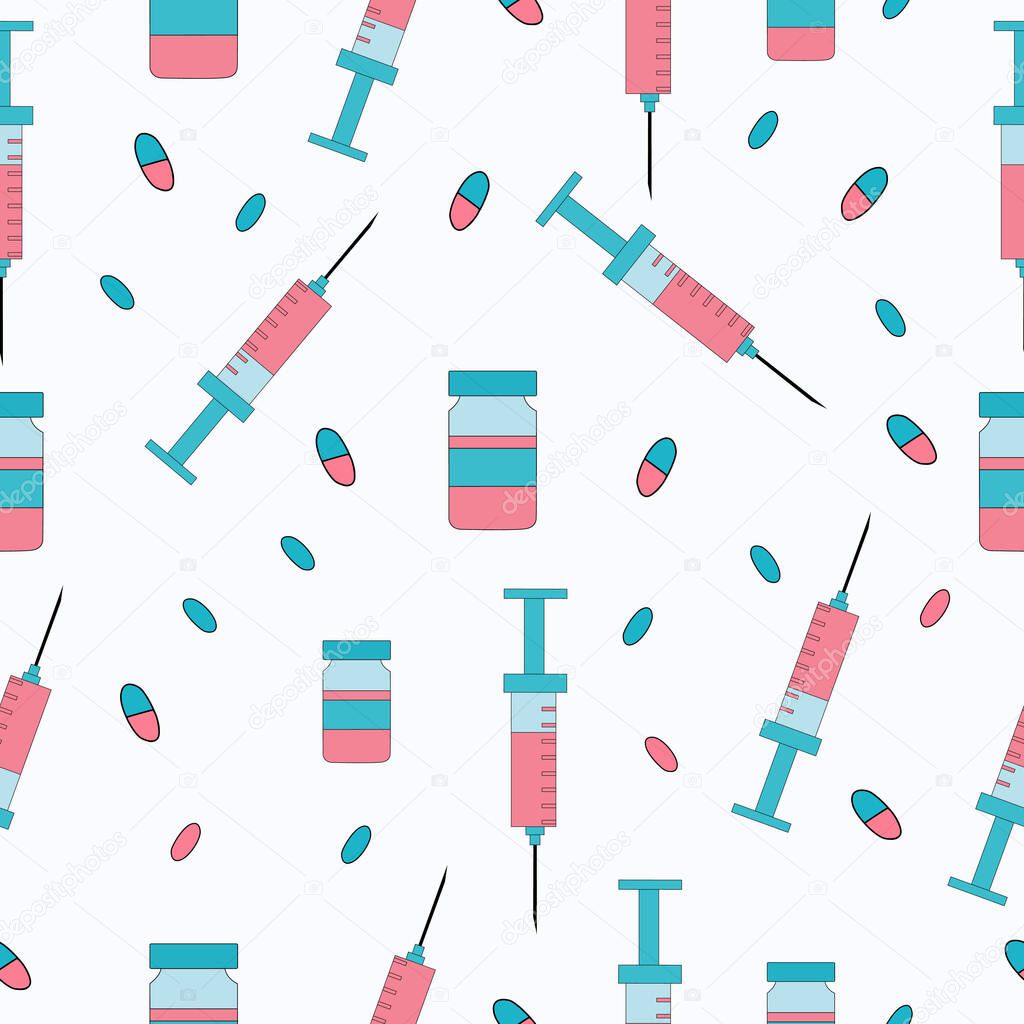 Medical laboratory equipment Seamless pattern. Syringe and vials. Tablets, drugs and pearl. Vaccine. Header for medicine, science or pharmacy design. Simple doodle health care pattern. Flat vector illustration.