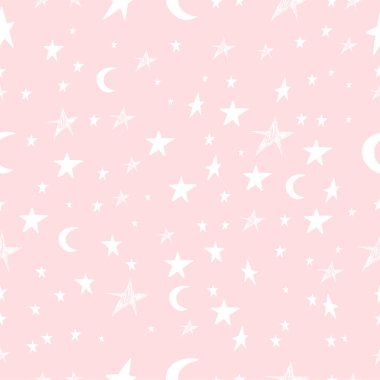 Beyaz yıldızlar ve ay çizilmiş sevimli, kusursuz çocuksu desen. Çocuk dokusu, kumaş, ambalaj, tekstil, duvar kağıdı ve giysi için yaratıcı bir altyapı. Çizgi film tarzı. Kızlar için harika. Çizgi film tarzında vektör illüstrasyonu.