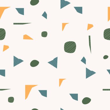 Renkli soyut el çizimi, geometrik şekillerle kusursuz desen. Moda minimalist estetik beste çizimleri. Duvar kağıdı veya kumaş baskısı için stil vektörü; duvar dekorasyonu, kartpostal, broşür tasarımı.