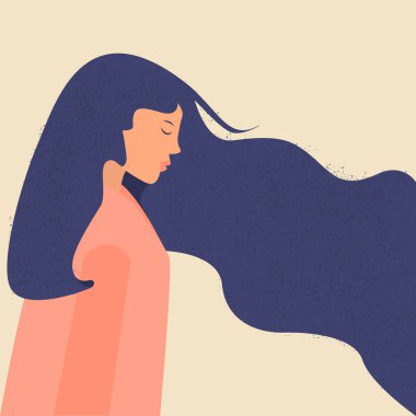 Üzgün, yorgun, dalgalı saçlı Asyalı kadın. Depresyondaki, kederdeki, üzüntüdeki mutsuz, sevimli kadın karakter. Yorgun kız duygusal çöküntü ya da zihinsel bozukluk içinde. Düz Vektör illüstrasyonu. 