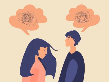 Frustrated sad woman and man in a quarrel with nervous problem feel anxiety and confusion of thoughts. The couple with Mental disorder, problems and chaos. Speech bubble. Flat vector illustration. clipart