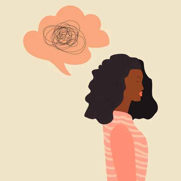 忧心忡忡的有神经问题的非洲妇女感到焦虑和思想混乱 年轻的黑人妇女处于抑郁状态 与精神障碍和混乱相混淆 言语泡沫 — 图库矢量图片