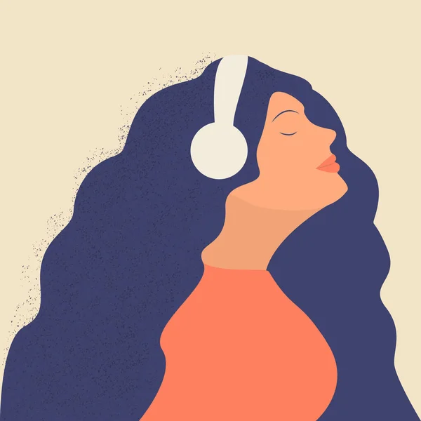 Linda Chica Rizada Joven Mujer Con Auriculares Escuchando Música Radio — Archivo Imágenes Vectoriales